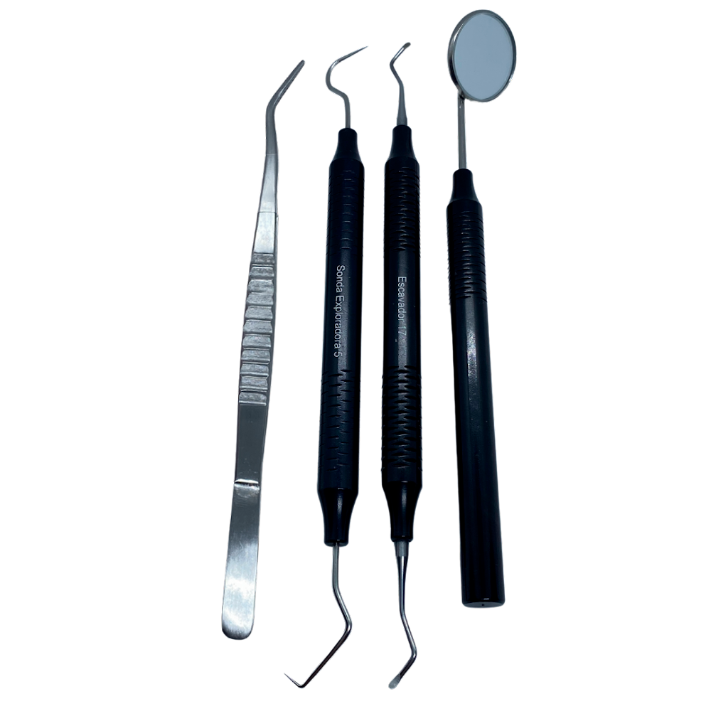 Kit Clinico 4x1 - Espelho nº5 , Sonda , Pinça clinica e Escavador com cabo grosso em alumínio anodizado.